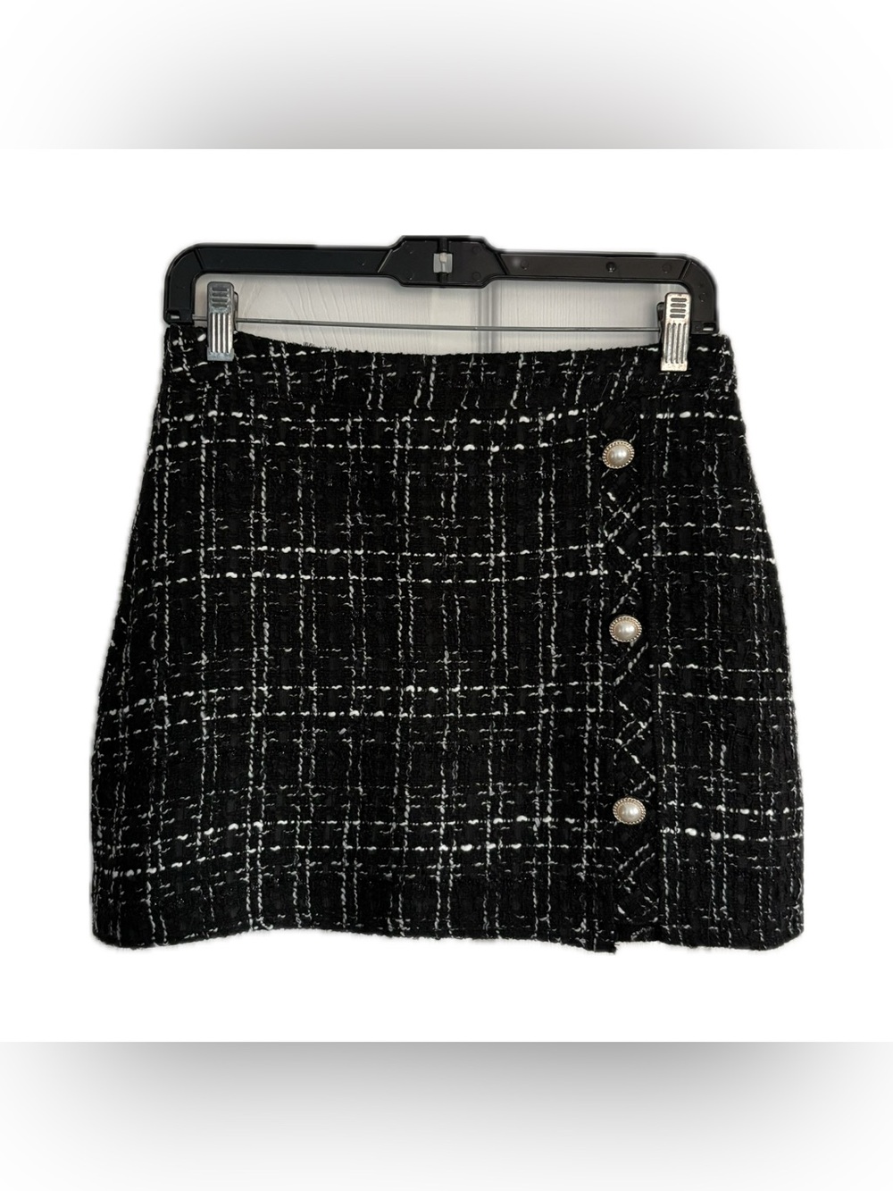 SHEIN Black & White Plaid Mini Skirt with Pearl Buttons